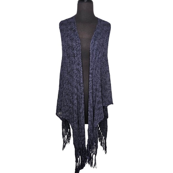 COLDWATER CREEK Knit Shawl Womens One Size Wrap Fringe Blue Poncho Boho Coverup - Picture 1 of 9